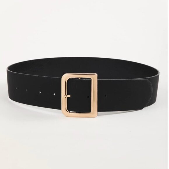 Vegan Leather Gold D Buckle Belt Black